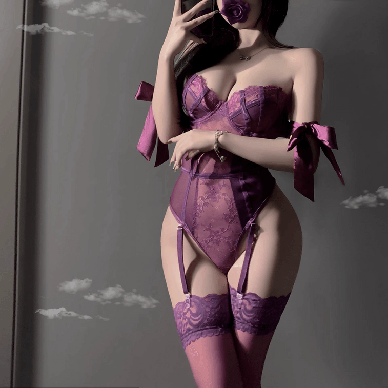 Bella’s Fantasy Women's Sexy Lace Lingerie Set Bodysuit See Through Sensual Sleepwear Sexy Nightgown Purple One Size (With Purple Stockings)