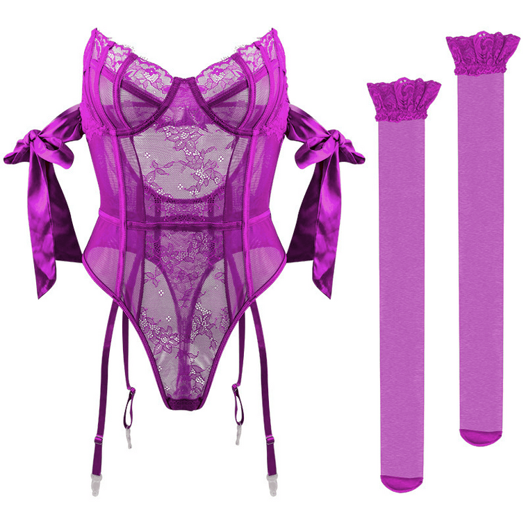 Bella’s Fantasy Women's Sexy Lace Lingerie Set Bodysuit See Through Sensual Sleepwear Sexy Nightgown Purple One Size (With Purple Stockings)