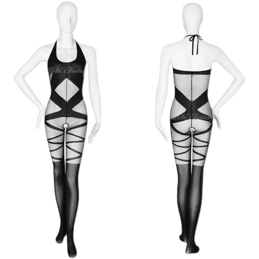 【NEW YORK】Sexy Hollow Out Mesh Bodystocking See Through Cami Stretchy One-piece Bodysuit Black