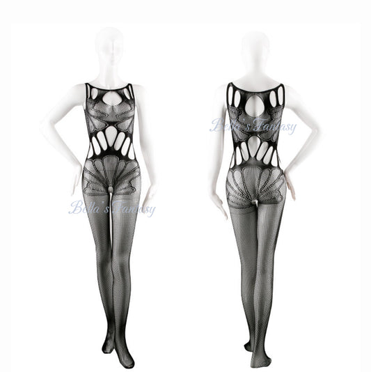 【NEW YORK】Bella’s Fantasy Sexy Hollow Out Fishnet Bodystocking See Through Cami Stretchy One-piece Bodysuit Black