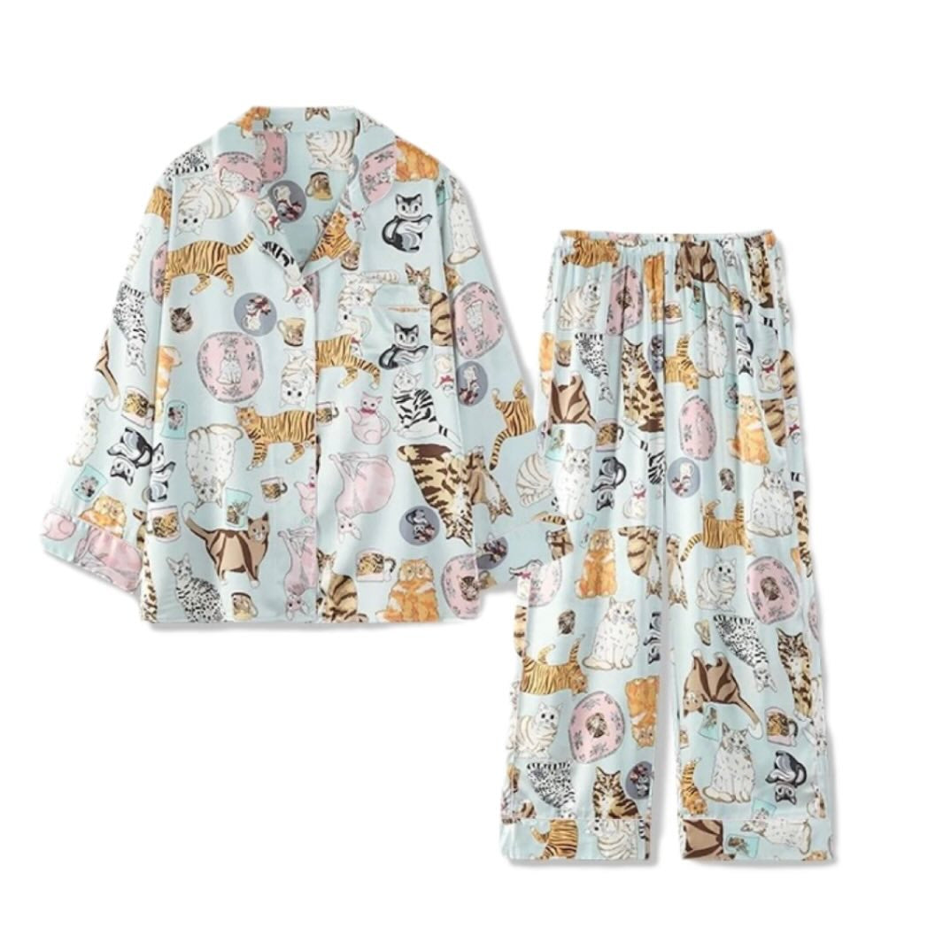 Bella's Fantasy Kitten Print Pajamas Set Silky Sleepwear Loungewear Baby Blue M