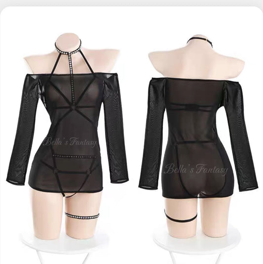 Bella’s Fantasy Sexy Hollow Out Mesh See Through Stretchy Two-piece Bodysuit Black