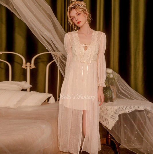 Bella’s Fantasy Sexy Tulle See Through Slip Dress Pajamas Robe Beige One size