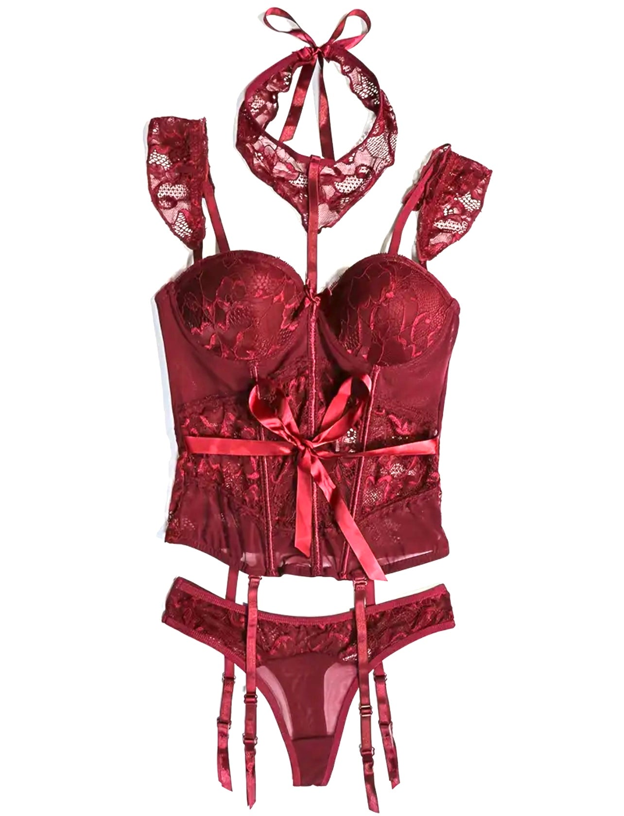 Scarlett Burgundy Lace Corset Lingerie Set Red Bellas Fantasy