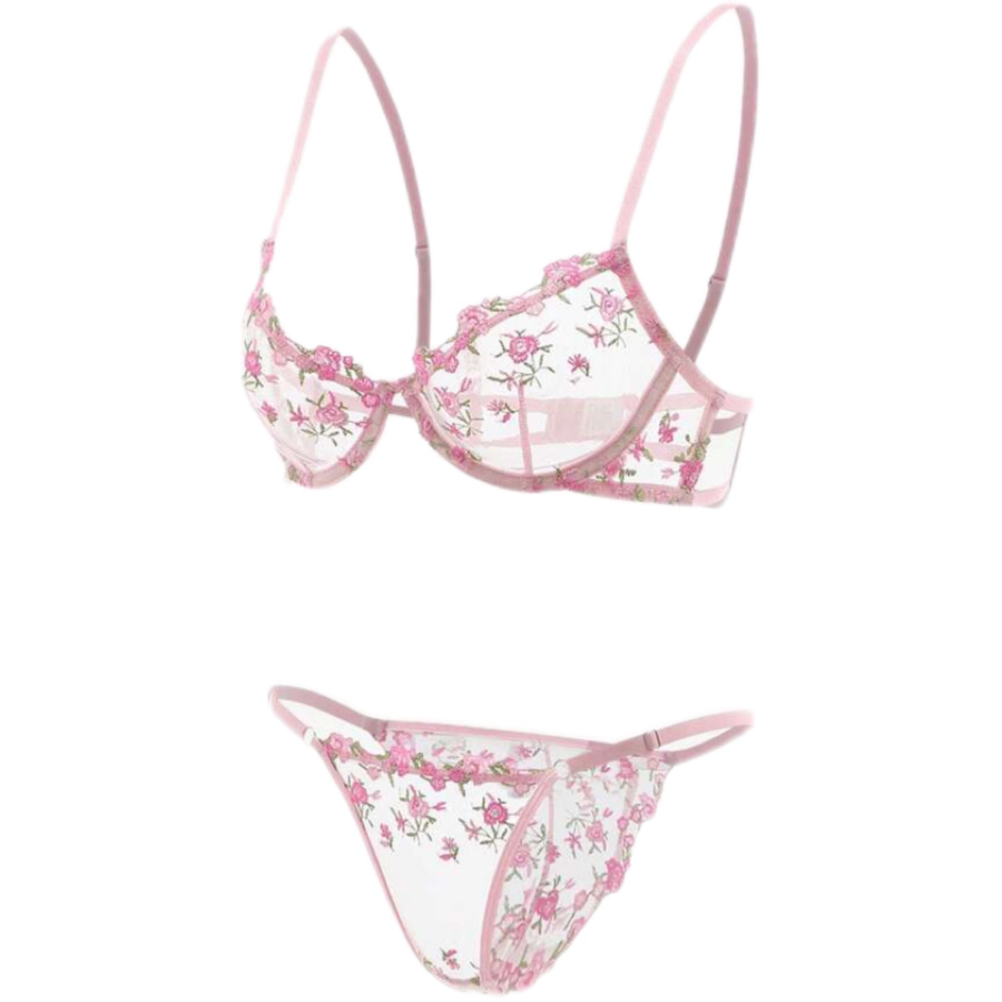 Mia Floral Embroidery Sheer Mesh Underwire Lingerie Set Bra and Thong