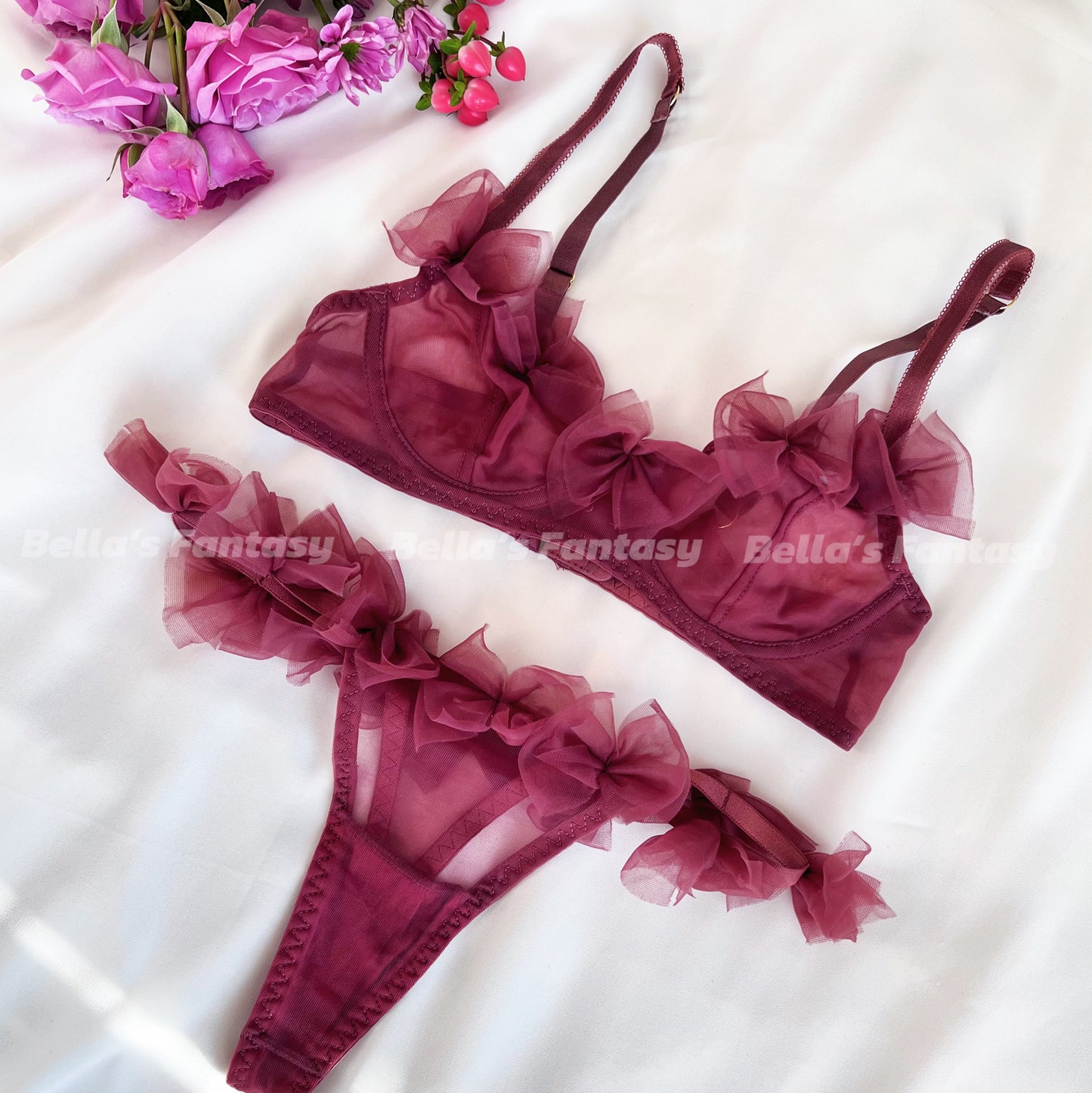 Poppy Bra and Thong Lingerie Set with bow tie trims