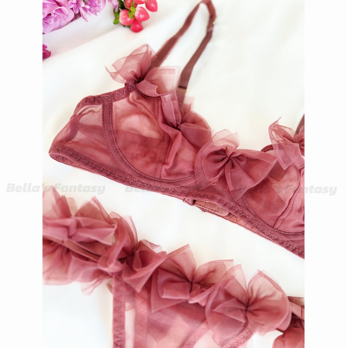 Poppy Bra and Thong Lingerie Set with bow tie trims