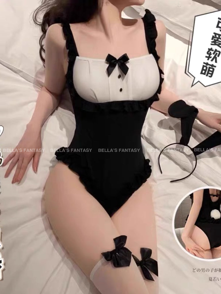 Cute Playboy Bunny Costume Black Cosplay Bodysuit Sexy Lingerie Set