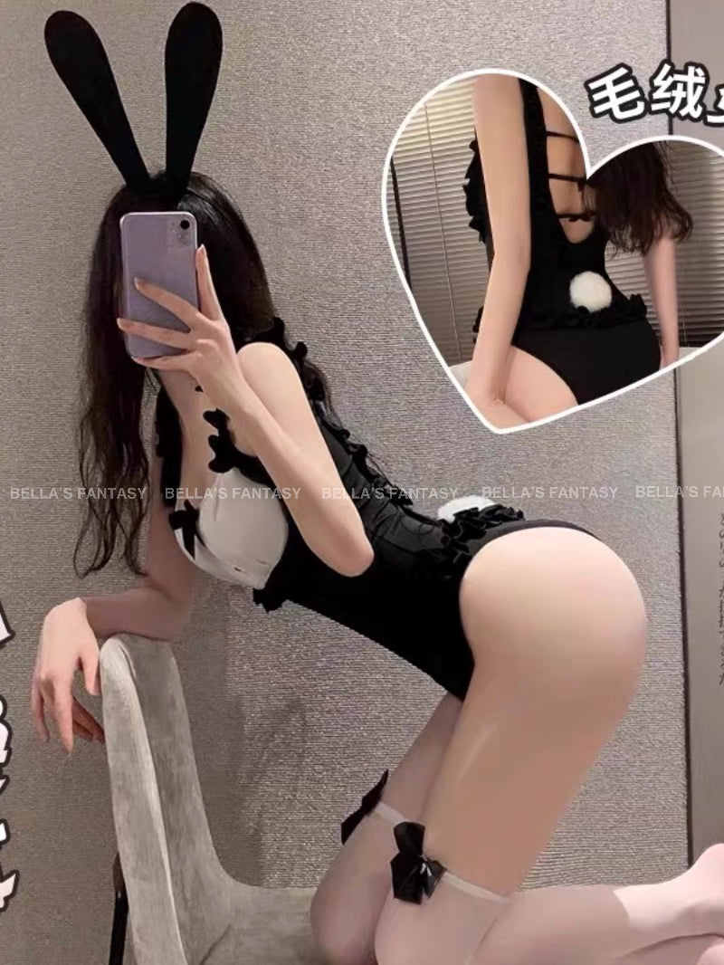 Cute Playboy Bunny Costume Black Cosplay Bodysuit Sexy Lingerie Set