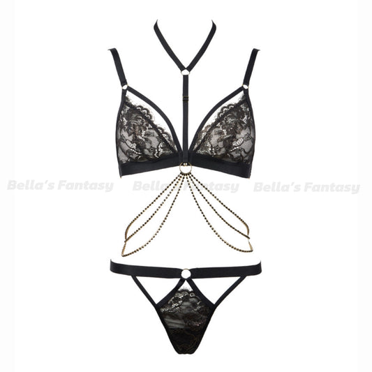 Venus Lace Triangle Mesh Bralette and Thong with Sexy Body Chain One size