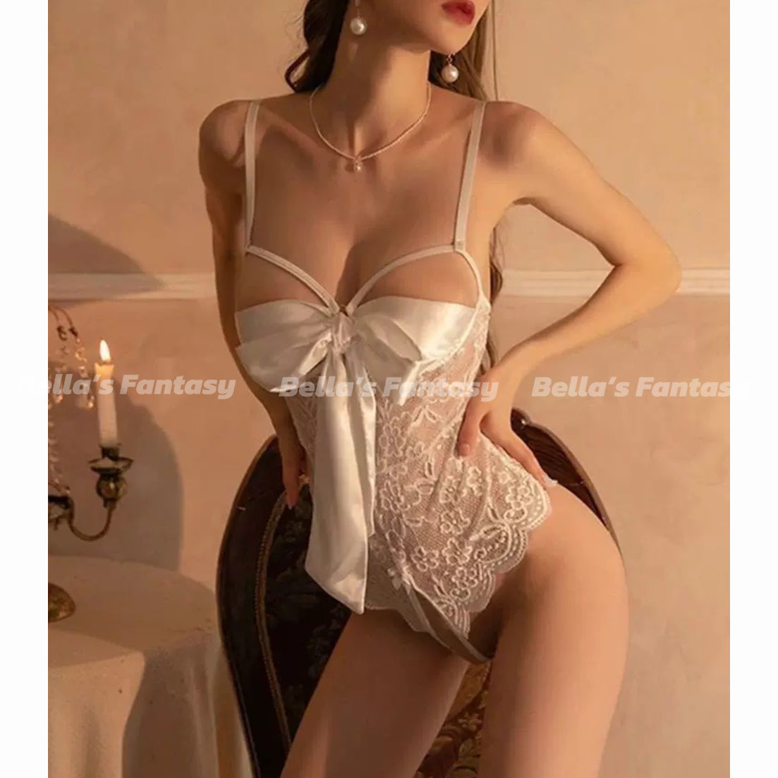 Bella's Fantasy Butterfly Open Bow Lingerie Crotchless Bodysuit White Size M