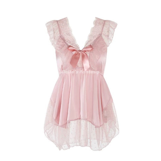 Liliana Pink V-Neck Lace Slip Dress with Bow Size M