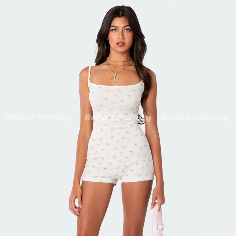 Bella's Fantasy Ditsy Open Back Tie Romper Pajamas White