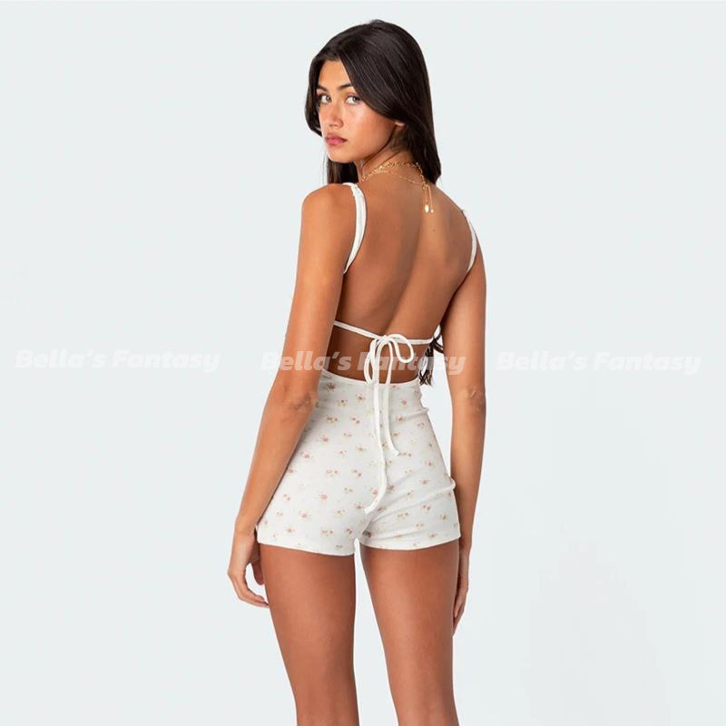 Bella's Fantasy Ditsy Open Back Tie Romper Pajamas White