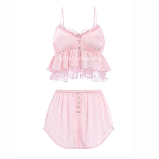 V-Neck Floral Pink Polka Dots Print Button Down Pajama Set | Padded Camisole+Short