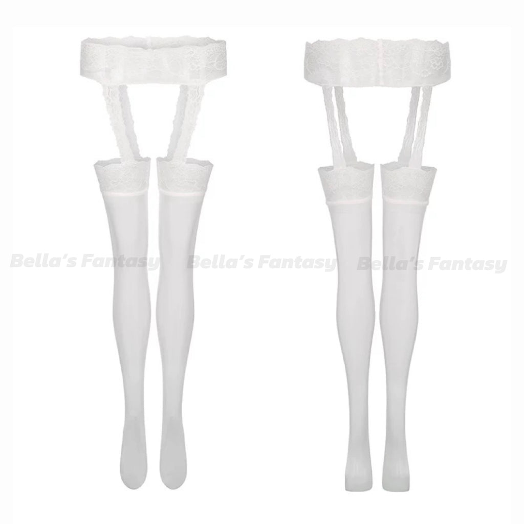 Bella's Fantasy Sexy Lace Pantyhose Sheer Garter Stockings White One Size