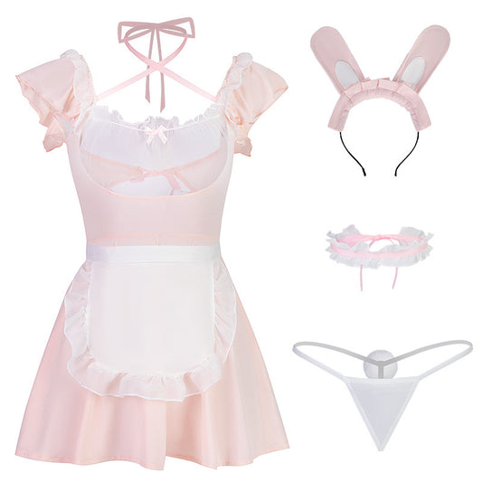 Mesh Backless Bunny Girl Sweet Maid Dress Lingerie Set Pink