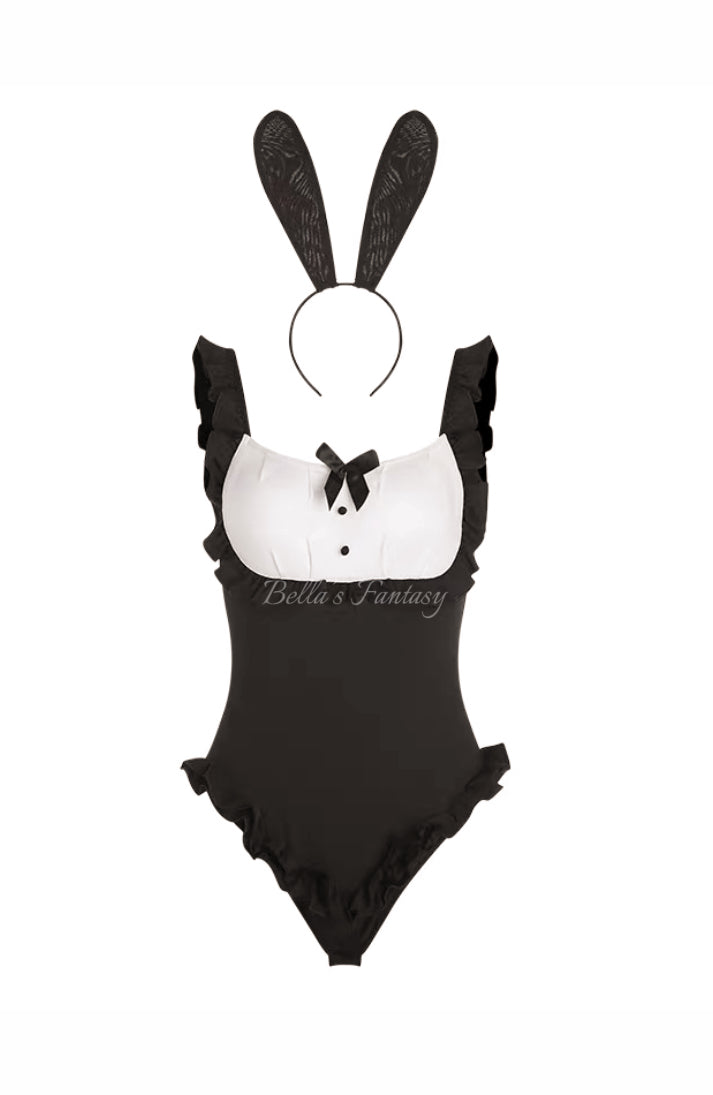 Cute Playboy Bunny Costume Black Cosplay Bodysuit Sexy Lingerie Set