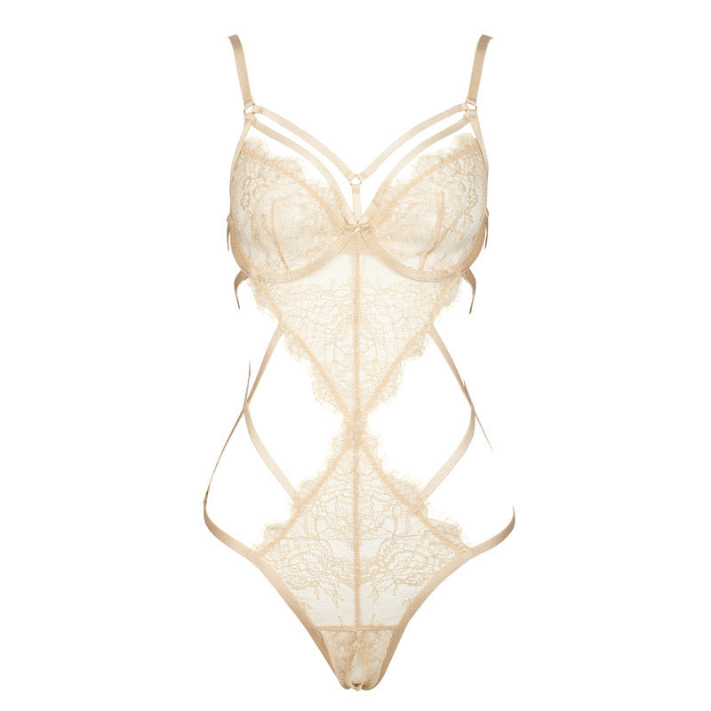 Nova Cut Out Mesh Underwire Bodysuit-Champagne