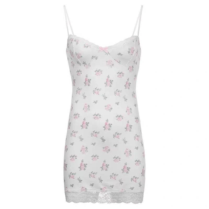 Rose Floral Print V-Neck Bodycon Lace Padded Slip Dress