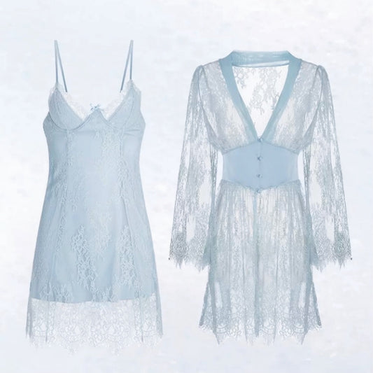 Bella's Fantasy French Mesh V Neck Satin Lace Slip Dress+ Robe Pajamas Nightwear Set Baby Blue One Size