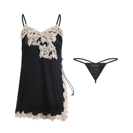 Bella's Fantasy Bella’s Fantasy French Lace Floral Embroidery Satin Slip Dress Lingerie Set with T string Black One size