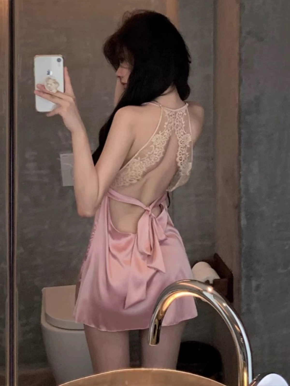 【NEW YORK】Bella's Fantasy 2024 New Ice Silk Lace Beauty Back Halter Nightgown Pajamas Cherry Blossom Pink M