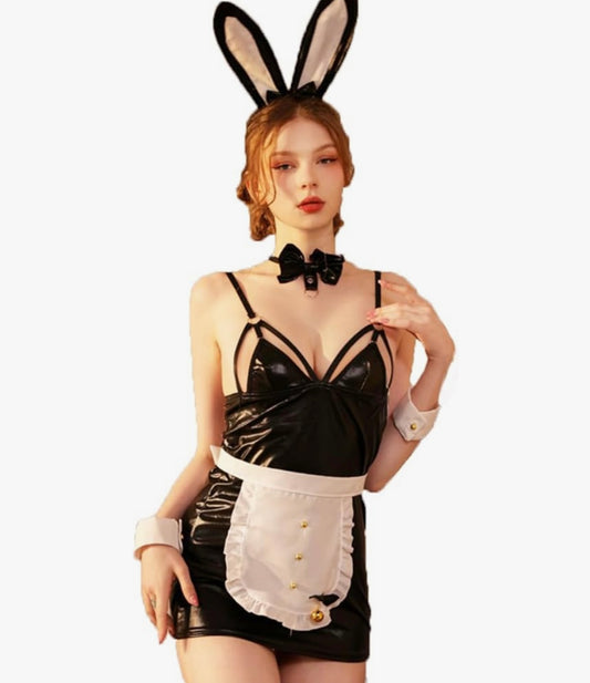 Bella's Fantasy Cosplay Sexy Maid Playboy PU Leather Cut Out Dress Bunny Headband Costume Set Black One Size