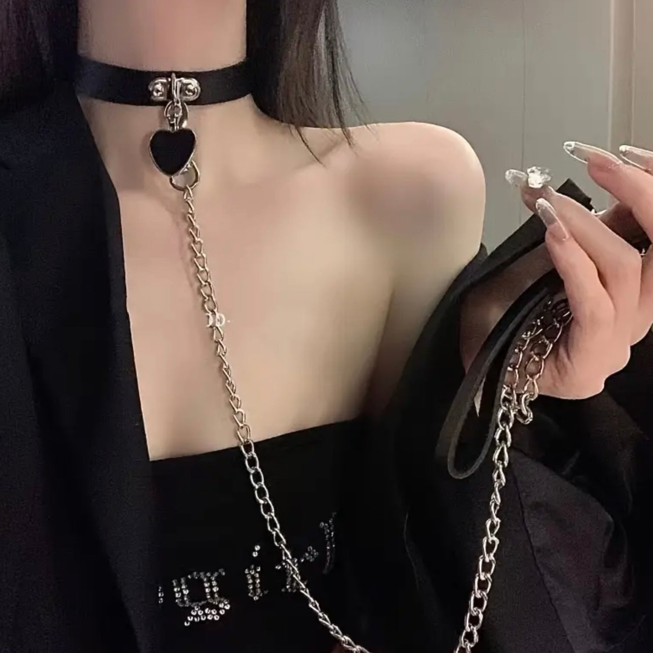 Bella's Fantasy Gothic Bondage Heart Pendant PU Leather Necklace Collar Adjustable Choker one size