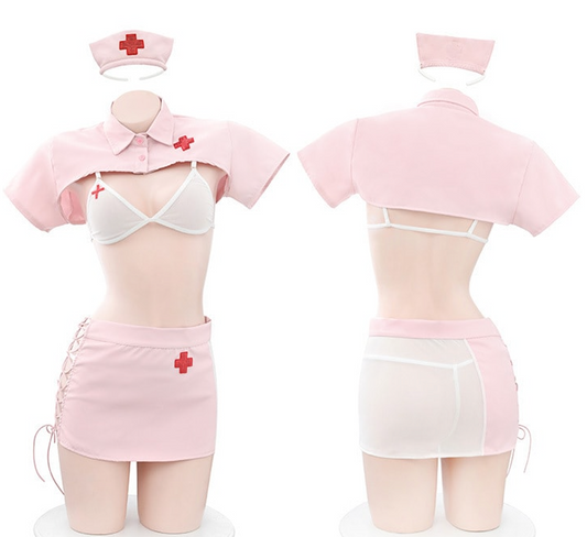 Naughty Nurse 5 pieces Uniform Costume, Cut Out Side Lace Up Mini Skirt & Thong, Women's Sexy Lingerie & Underwear One size Pink